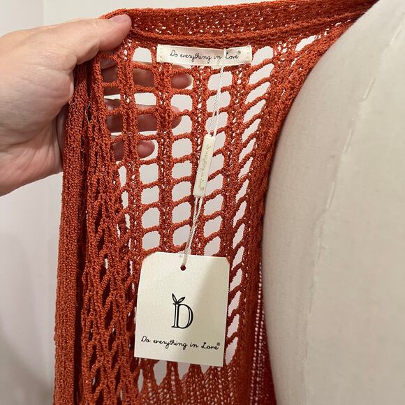 Do Everything in Love Chest Blocked Crochet Long Cardigan in Rust Orange OS - Picture 9 of 10
